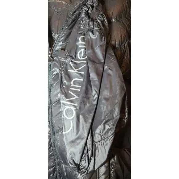 Calvin Klein Down Puffer Long Jacket Medium Black Packable Quilted Hooded Zipped - Picture 2 of 5